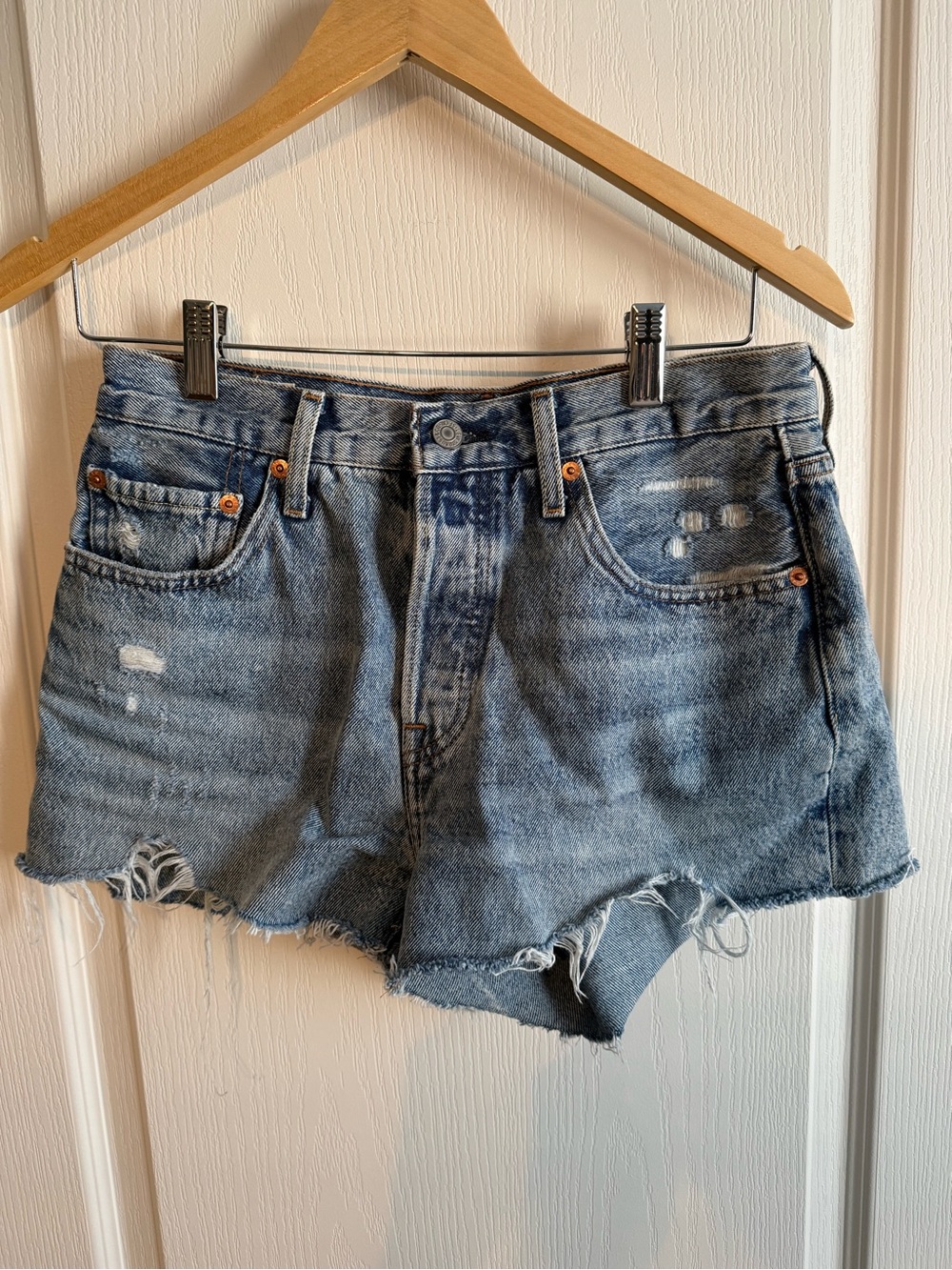 Levi's 501 Distressed Light Blue Denim Shorts